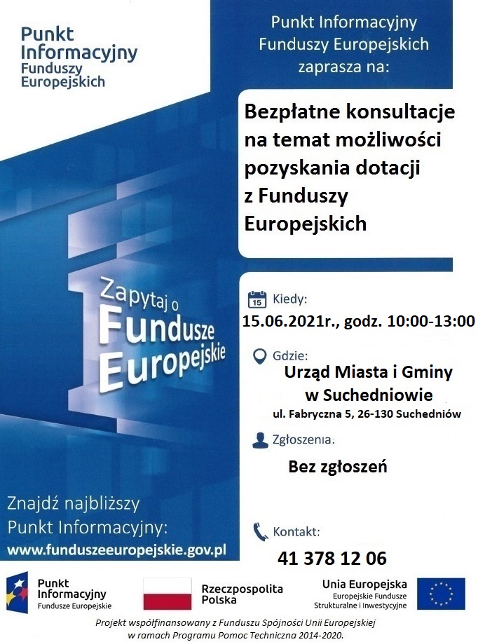 Plakat o konsultacjach na temat dotacji z Funduszy Europejskich