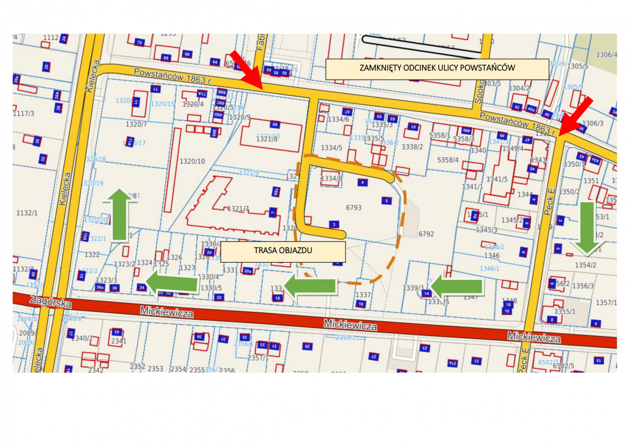 Mapa z zaznaczonym objazdem robót drogowych